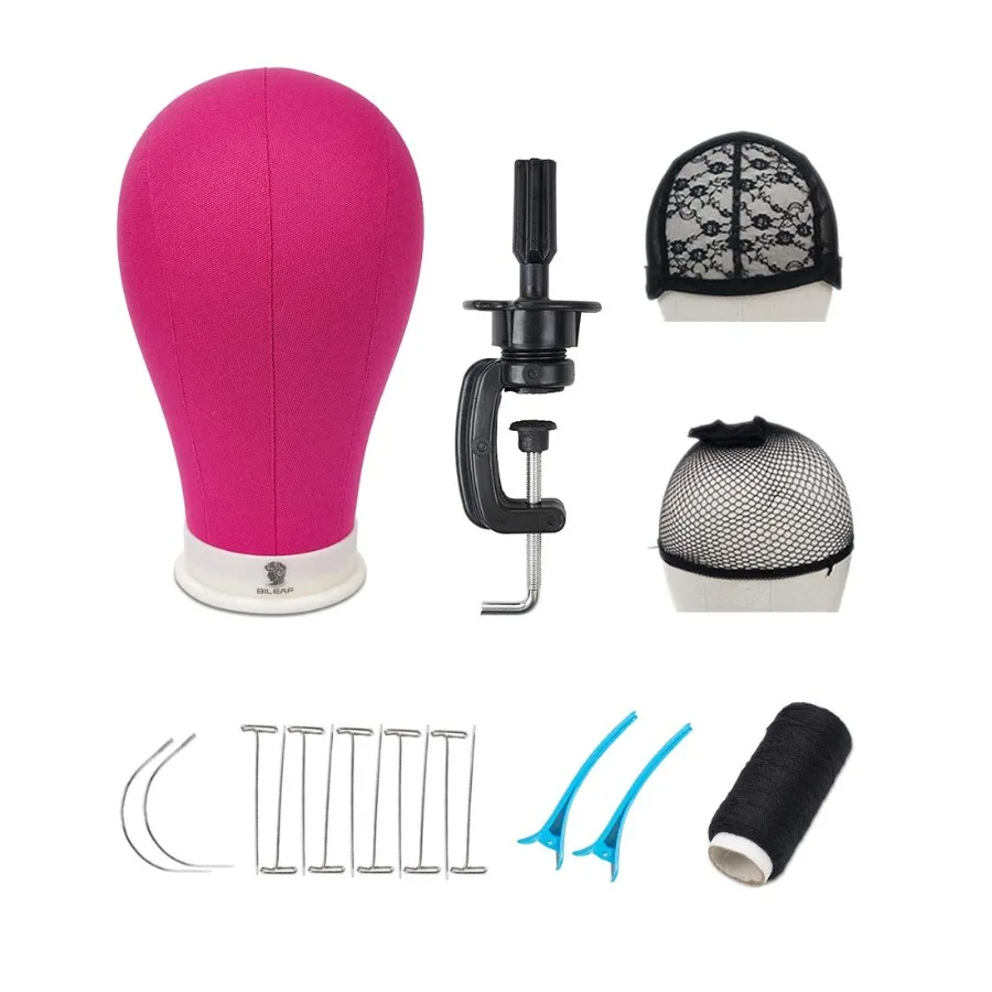 

22 Inch Canvas Block Head Mannequin Wig Head with Stand in Pink for Display with Mount Holes Ideal for Salon and Retail Store S