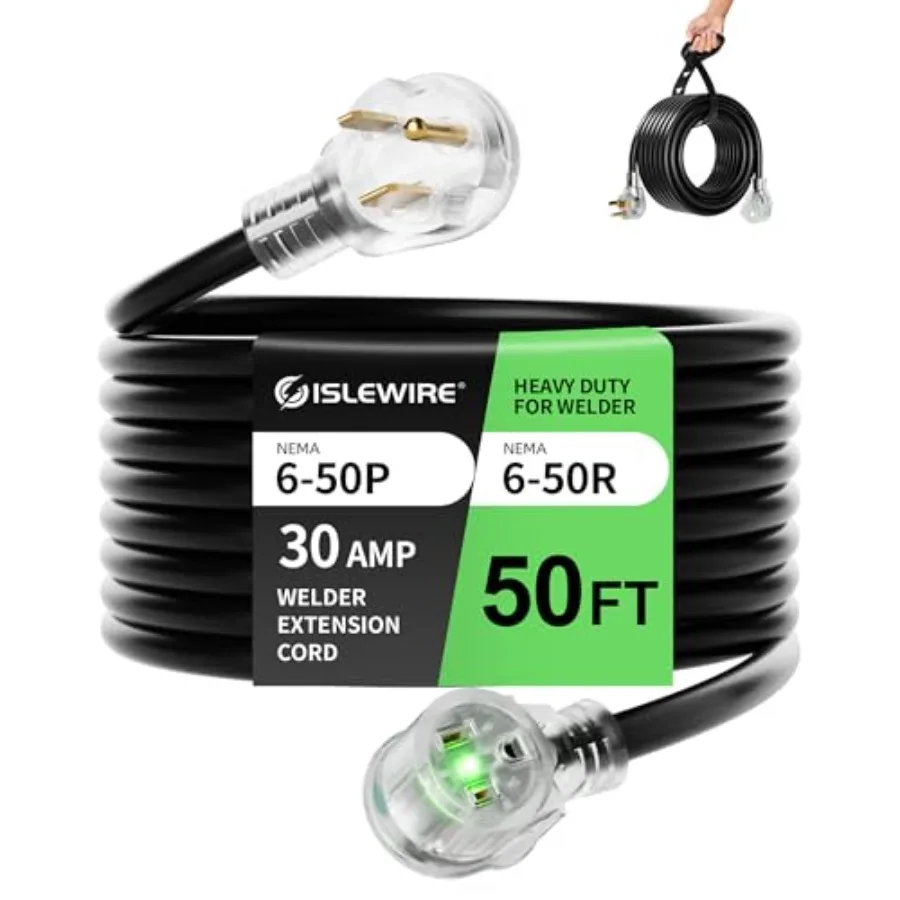 

50ft 250V Welder Extension Cord, 10 Gauge Heavy Duty Outdoor Welding Cord with LED Indicator, NEMA 6-50P to 6-50R, 30 Amp 3 Pro