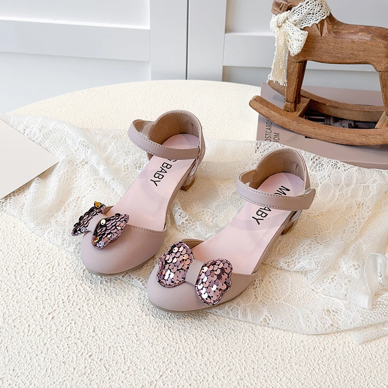 

Girls' Fashionable Bowlace Sequined Shoes, Various Colors of Trendy Girls' High Heels, Non-slip Children's Sandals (27-36 Sizes)