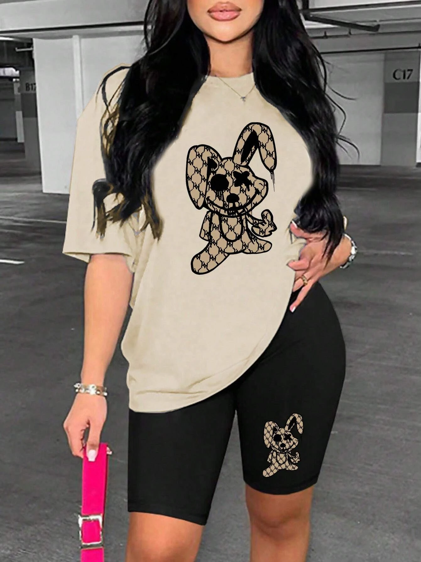 Cute Rabbit Cartoon Printing Women T Shirts Two Piece Set Fashion Novel Short Sets Summer Breathable Loose Shirt Shorts Female