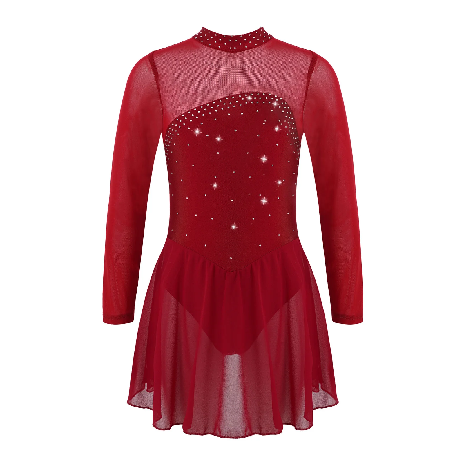 Kinder Mädchen Glänzende Strass Ballett Tanz Kleid Lange Ärmel Schlüsselloch Zurück Eiskunstlauf Rollschuhlaufen Trikot Dancewear