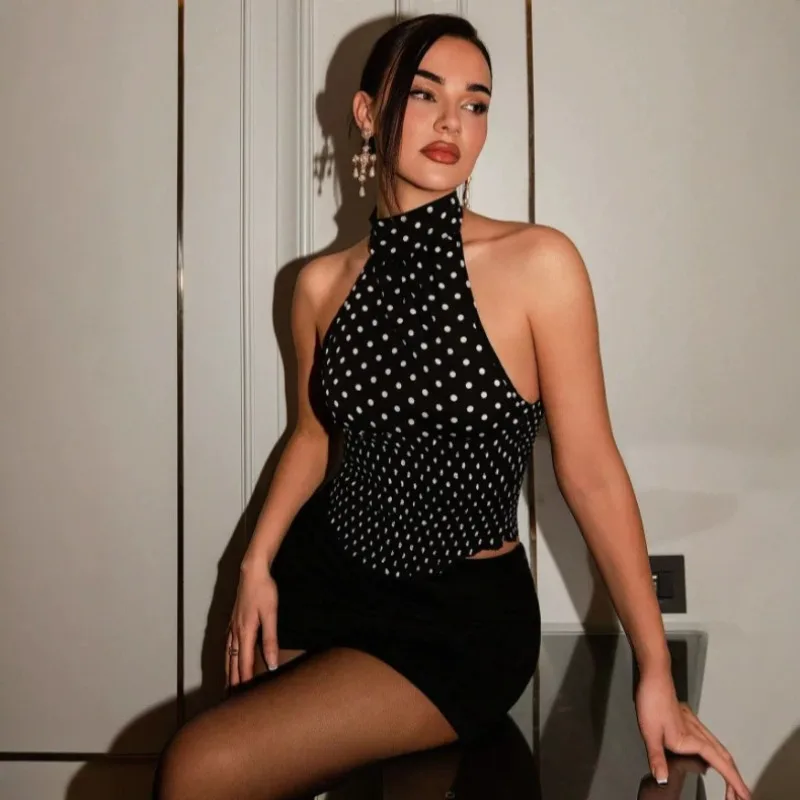 European and American Style Women's Clothing  Summer New Fashion Personalized Polka Dot Pattern Neck Strap Backless Small Vest