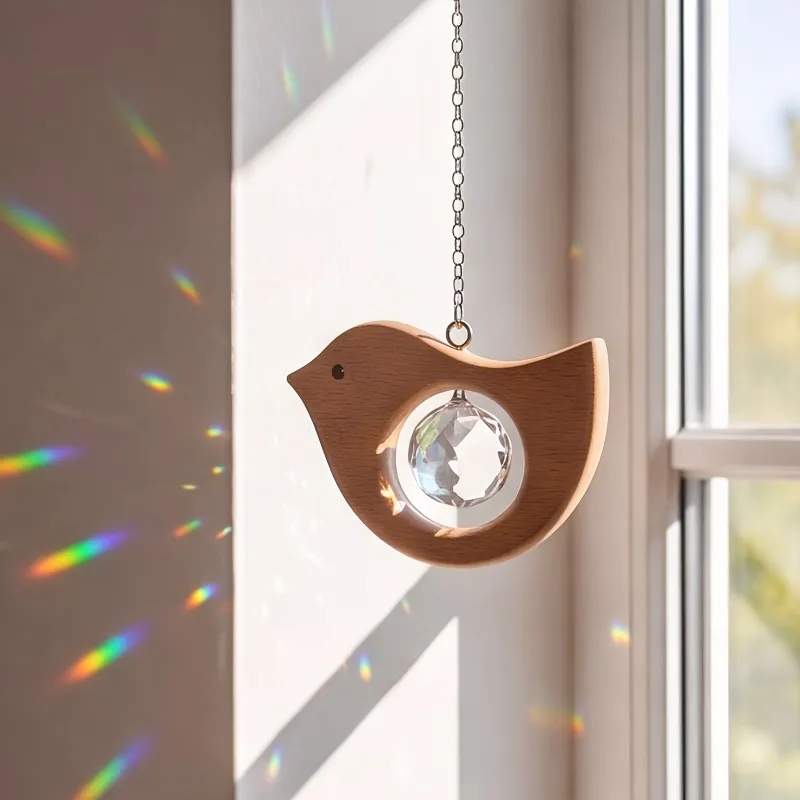 Christmas Wooden Bird Sun Catcher Hanging Crystal Prism Rainbow Generator Light Refractor Suitable for Windowsills Home Decor