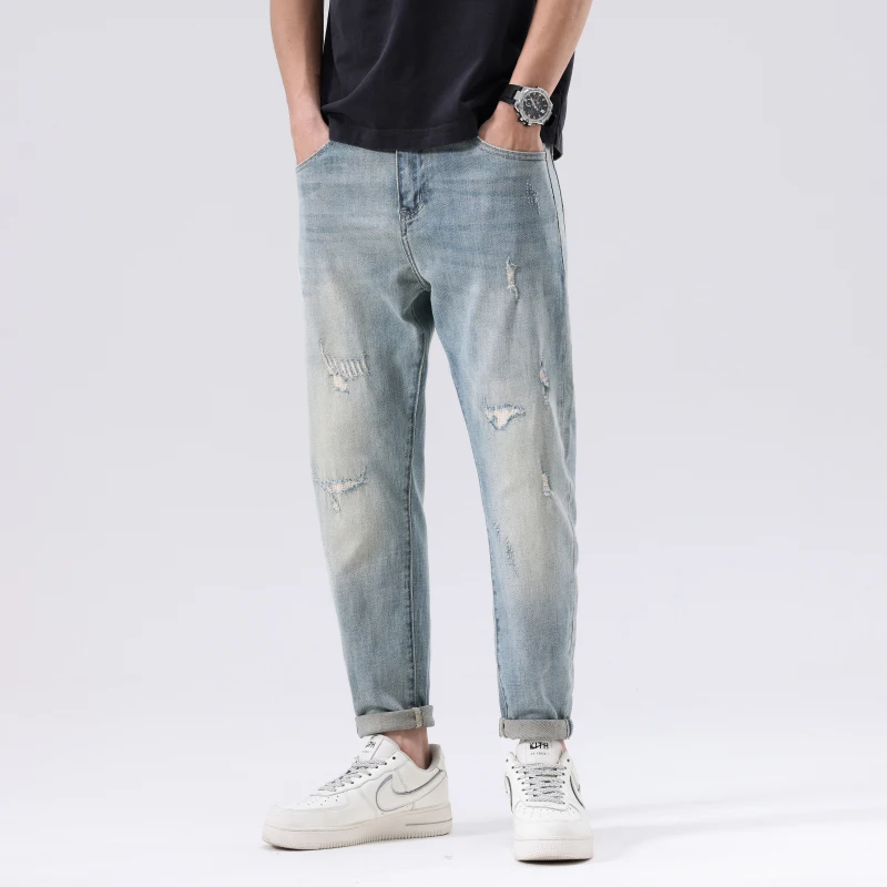 2024 Summer Ripped Jeans For Men Stretch Distressed Male Denim Pants Men's Cropped Pants Light Blue Harem Jeans Hip Hop Patched