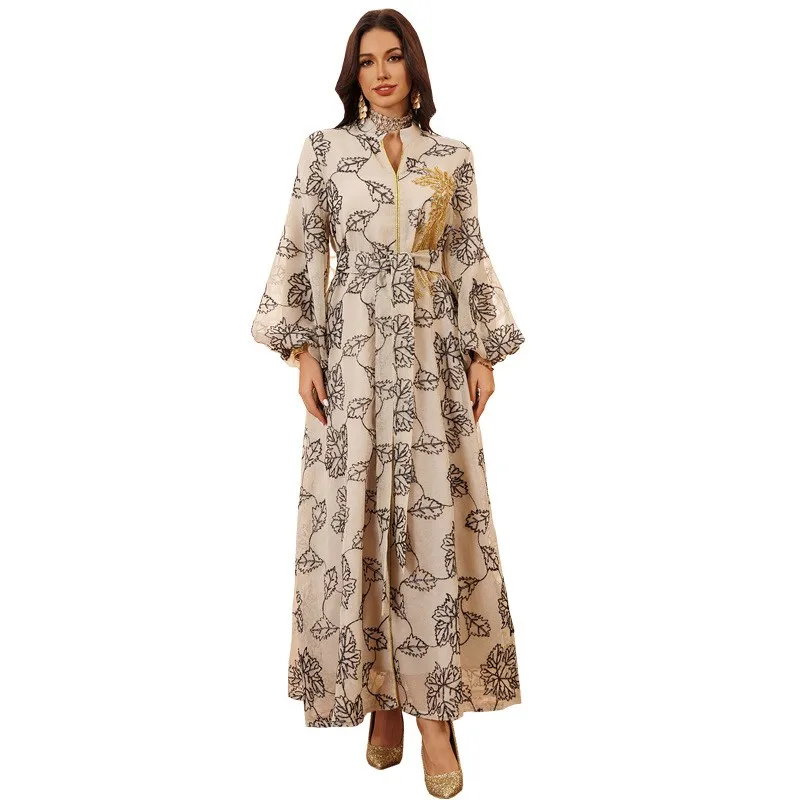 Ethnic Dress Chiffon Long Sleeve High Neck Dresses Gold Embroidery Leaf Print Gown Belted Waist A Line Silhouette Maxi Dress