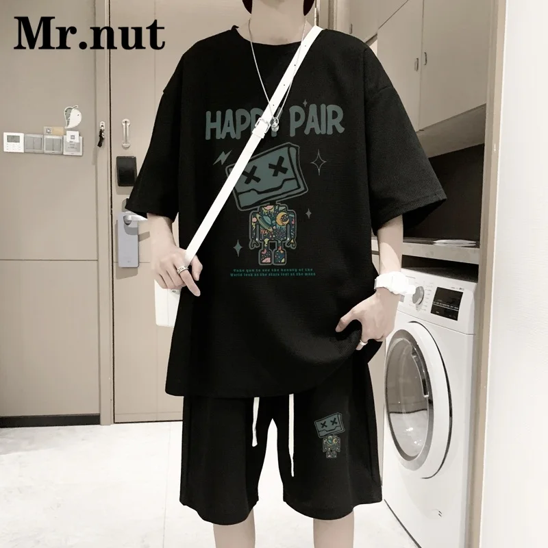 

Mr.Nut Summer Men's Waffle T-Shirt Two Piece Set Fashion Short Sleeve Shorts Clothes Suit Casual Y2k Punk American Sportswear