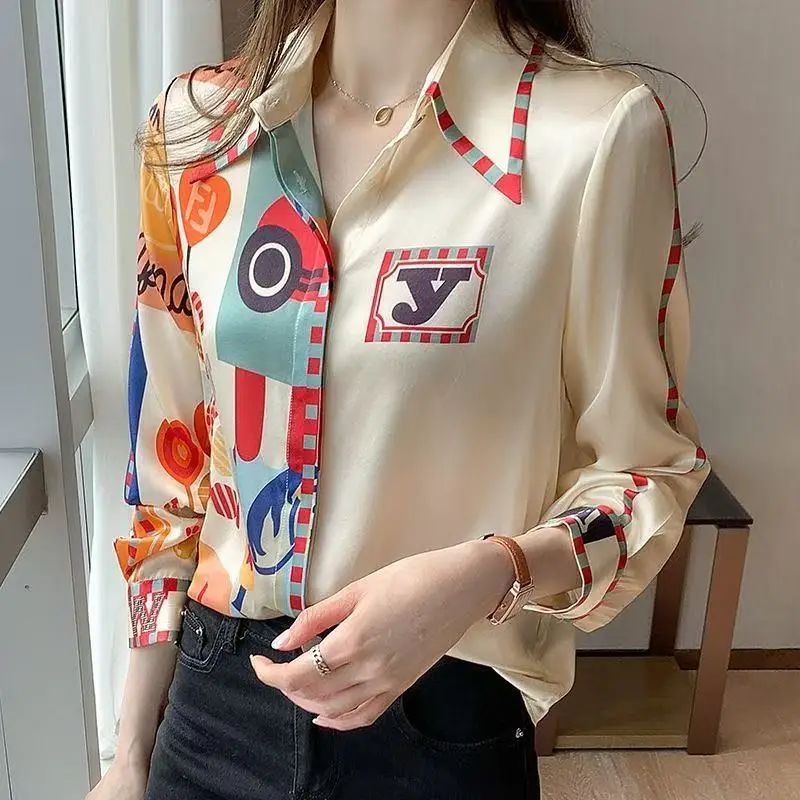 

2026 New Spring and Autumn Elegant Long Sleeve lapel Silk Shirt For Women Fashion Style High Quality Printing Mulberry Silk Top