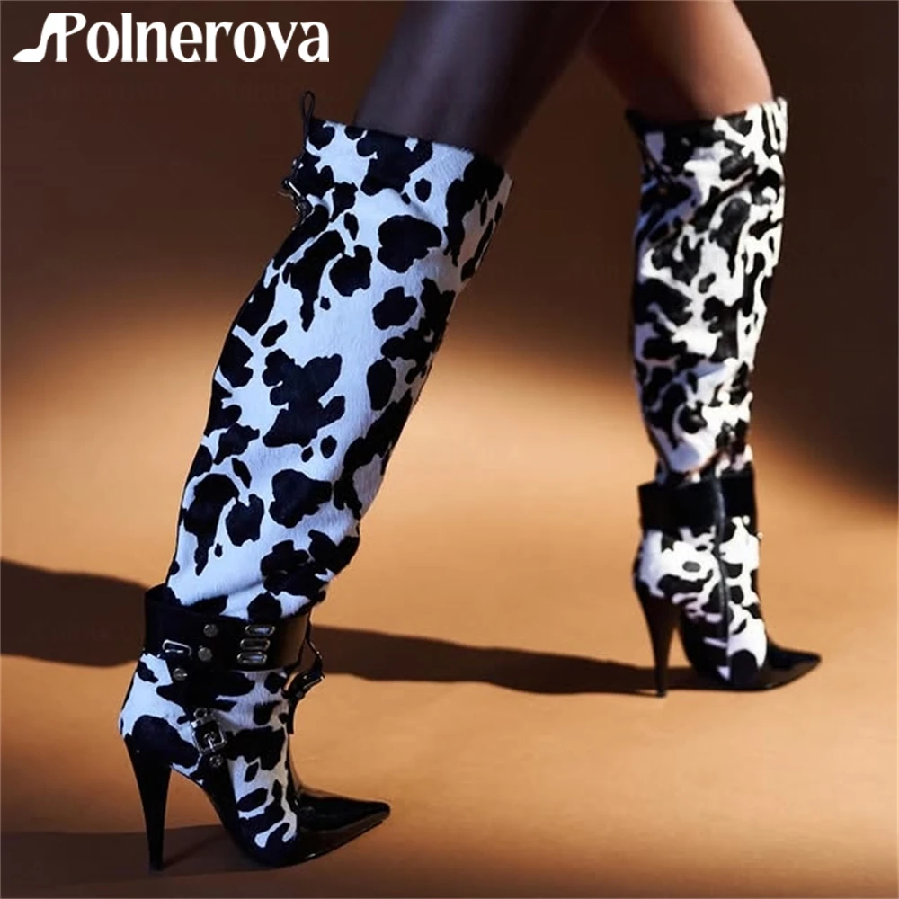 

Cow Print Boots Faux Pony Hair Black Patent Leather Knee High Boots Pointed Toe Tapered Heel Boots Rivet Belt Buckle Cowboy Boot