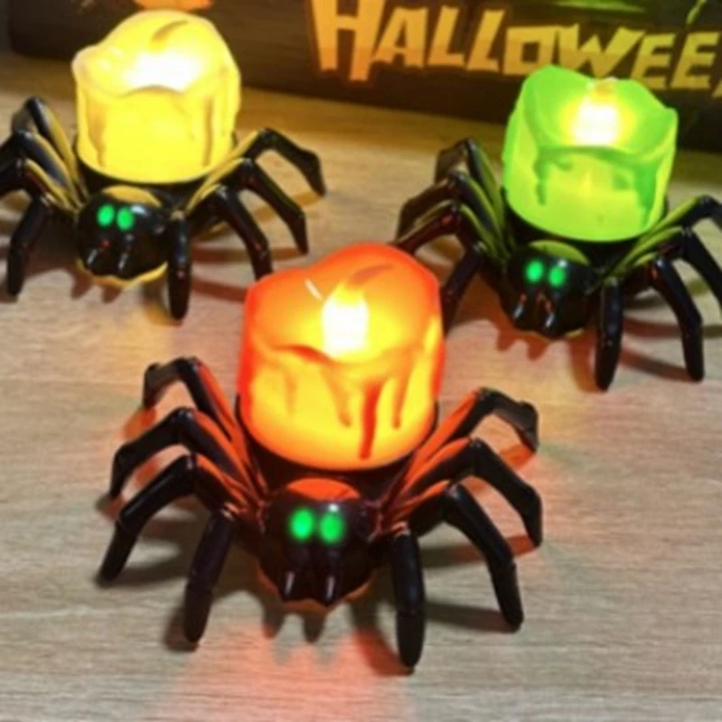 DT16 Halloween Decorations Flameless LED Tea Light Candles 6 PCS 3D Spider Candles Holder Lights Spooky Decor