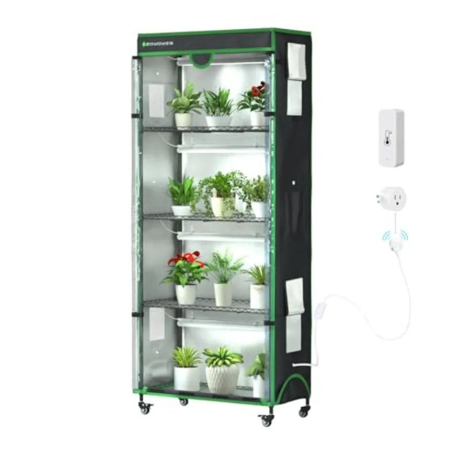 

36 L x 18 W x 72 H 6Layer Plant Stand with Integrated 3Color T8 Grow Lights Smart Socket Thermohygrometer Indoor Greenhouse Set