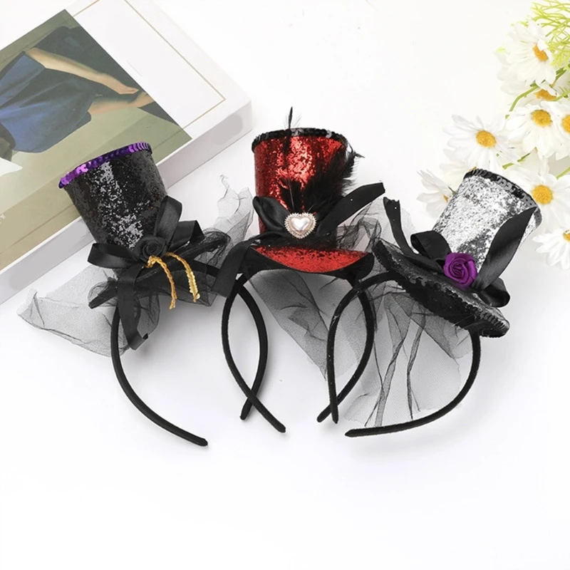 Mini Top Hat Decor Carnival Hair Accessories Women Students Live Broadcast Hairband Sequins Headbands Colorful Hair Hoop