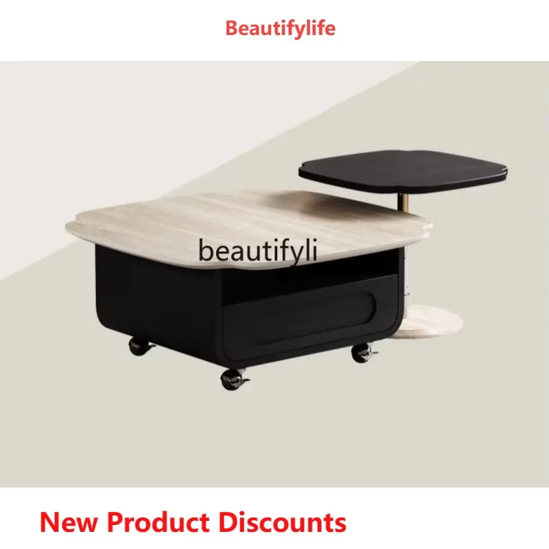 

New medieval style light luxury high-end modern simple solid wood travertine small apartment rock slab combination coffee table