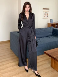 New Spring Autumn Vintage Black Casual Long Jumpsuits Women Clothes Elegant Lady Formal Lapel Long Sleeve Wide Leg Loose Rompers