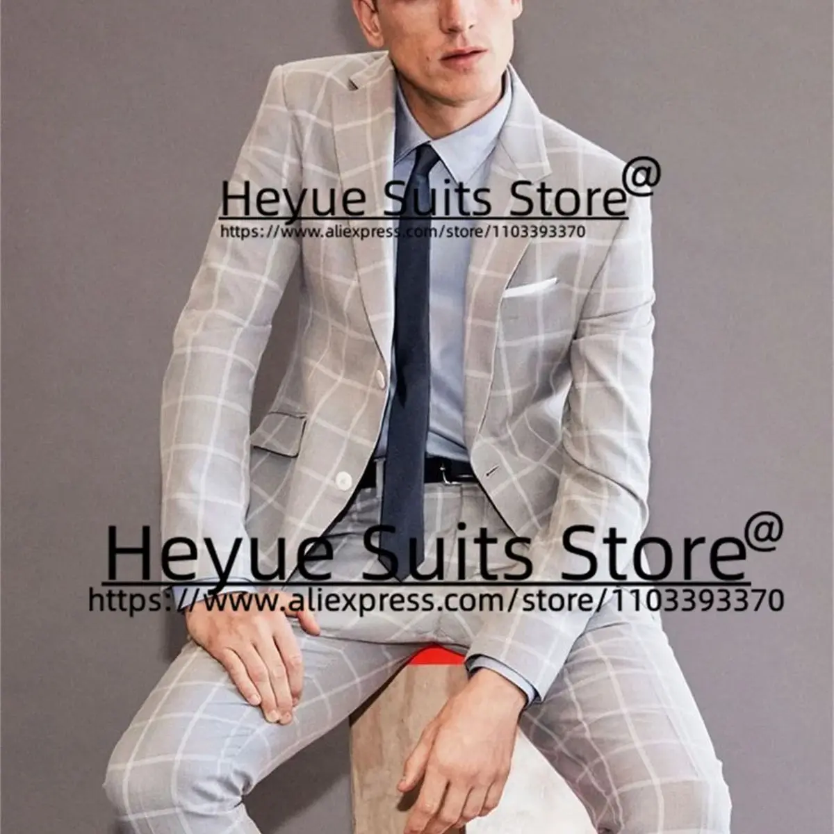 Gray Casual Plaid Men Suits Slim Fit Notched Lapel Groom Formal Tuxedos 2 PCS Sets Classic Male Blazer terno masculinos completo