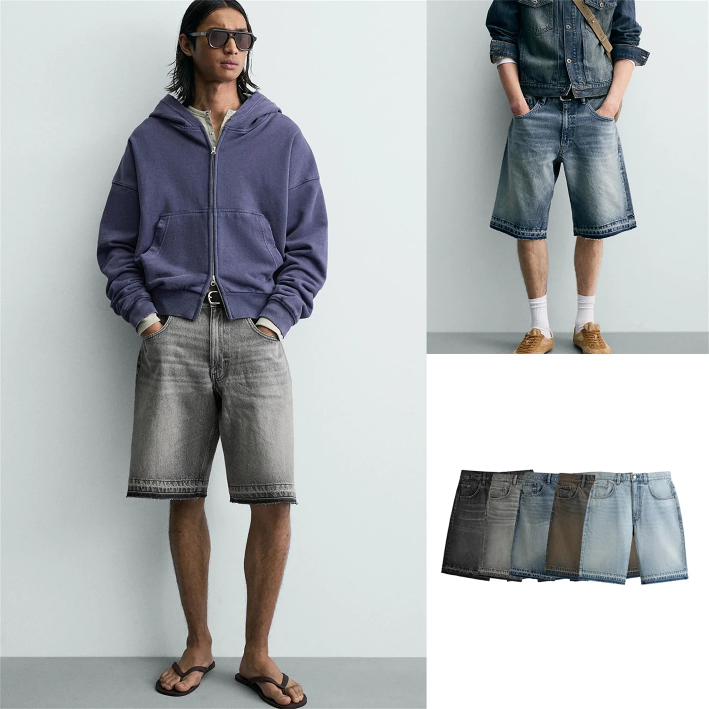 

American Style Loose Fit Cotton Casual Jeans Men's Spring Summer New Straight Leg Short Pants mid Waist Zipper Pure Color