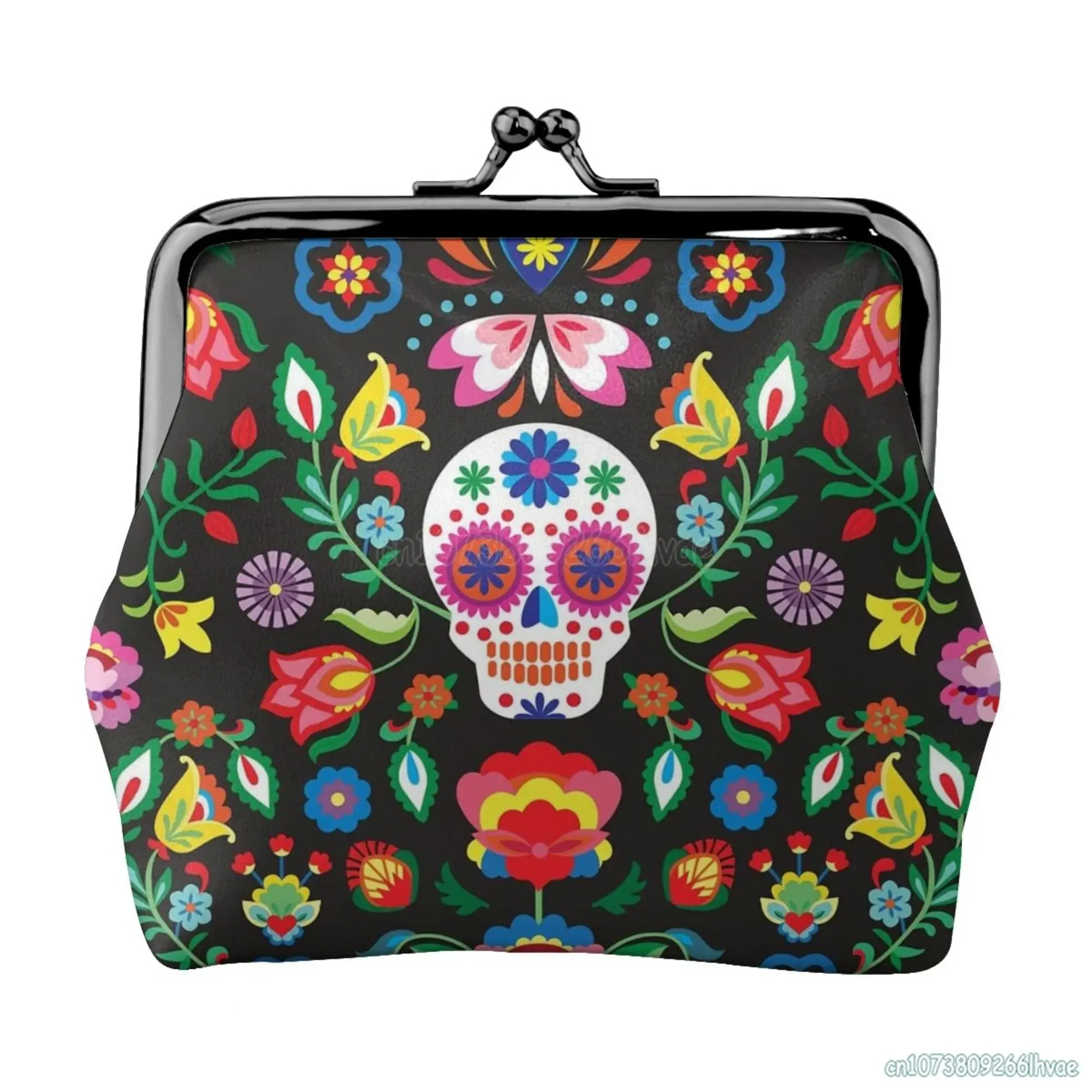 Sugar Cute Skull Floral Pattern Leather Coin Purse Small Kiss-Lock Change Pouch Clasp Closure Buckle Wallet for Women Girl