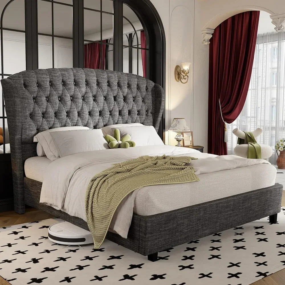 Bed Frame, Linen Curved Upholstered Bed, Headboard with Shell Wingback, Deep Button Tufts, No Springs Required, Queen Bed Frame