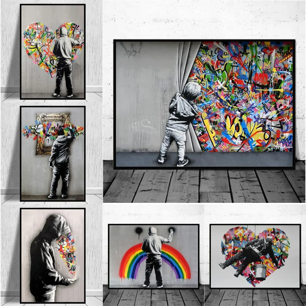 Modern Abstract Wall Art Rainbow Love Hearts Graffiti Street HD Canvas Poster Prints Home Bedroom Living Room Decoration Gifts