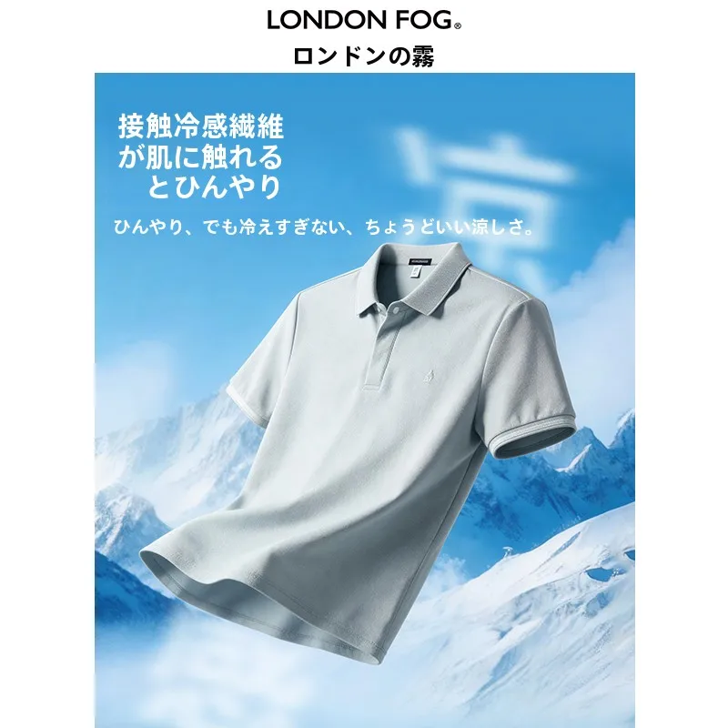 Camisa Masculina London Fog de Secagem Rápida em Fibra Respirável com Sensação de Gelo, Manga Curta, Casual, Verão, Lazer, Gola Dobrável