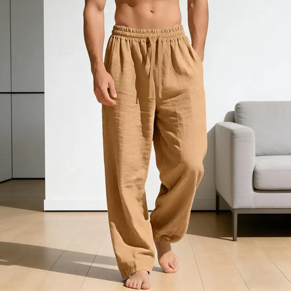 Mens Linen Wide Legs Pants Solid Color Casual Trousers Breathable Drawstring Elastic Waist Straight Trousers with Pockets