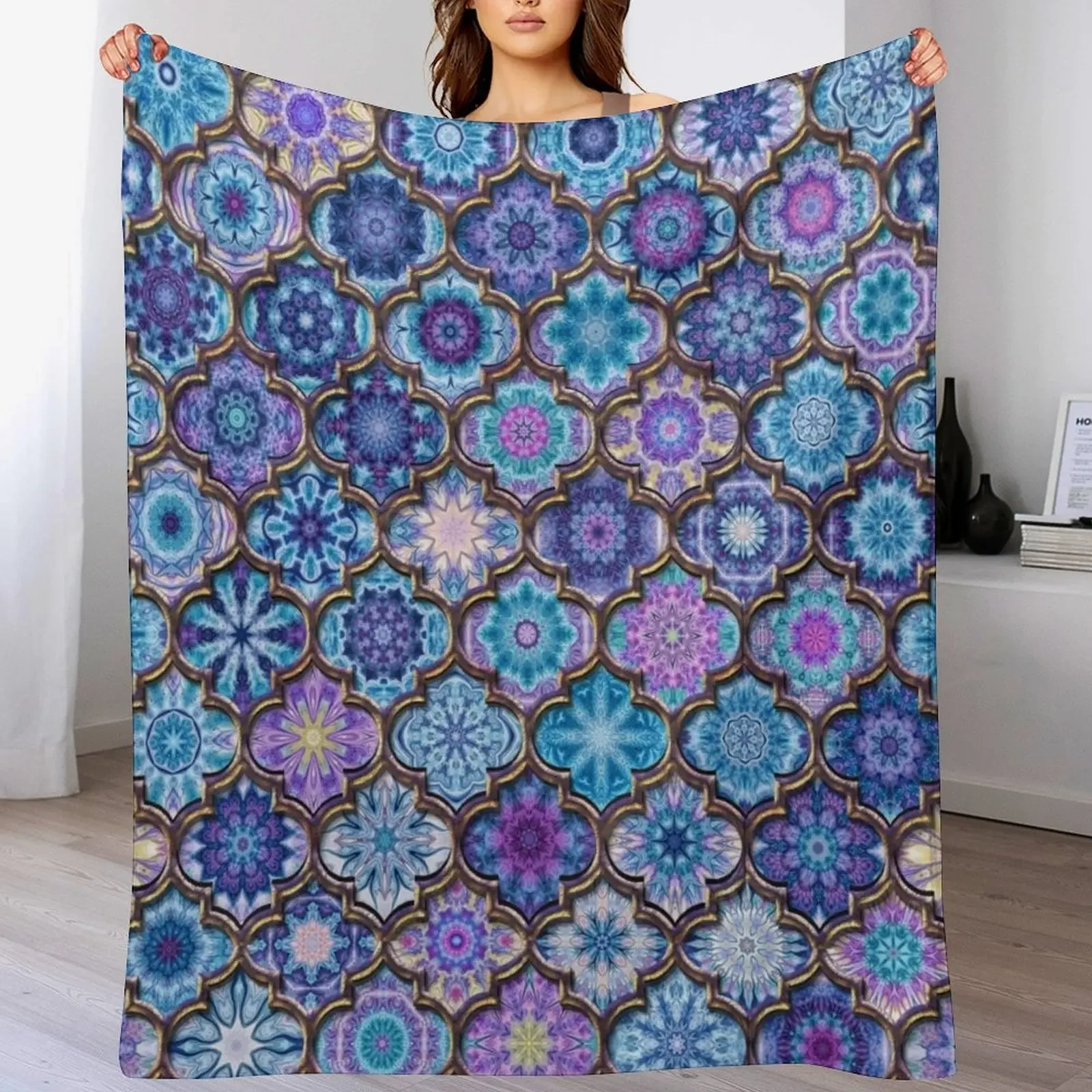 

Moroccan Tile Pattern, Blue, purple Throw Blanket Soft blankets ands Loose Luxury Thicken Blankets