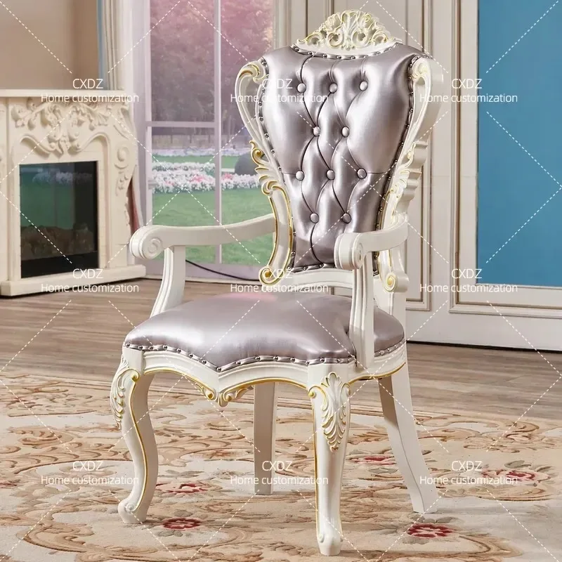 Solid Wood Dining Chair European Style Backrest Armchair for Home Office Study Computer Desk White Leisure Seat Furniture