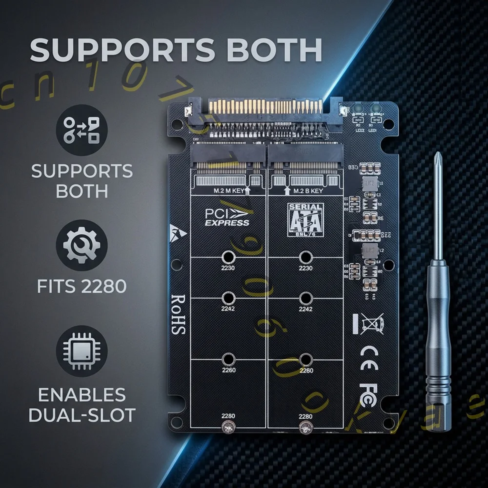 Dual M.2 NVMe SATA SSD to U.2 SFF-8639 Adapter Card, 2-in-1 PCIe Expansion Card for 2280/2260/2242/2230 SSDs