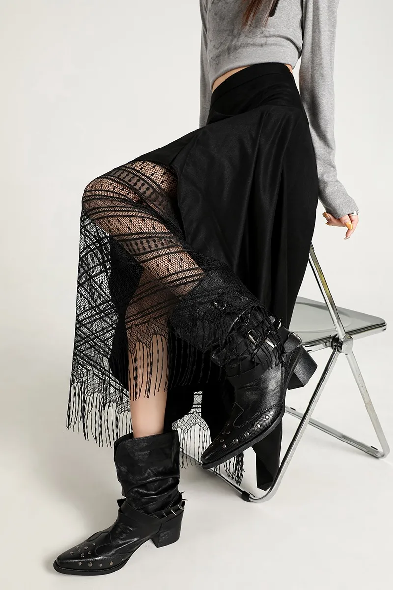 Y2K onregelmatige lange rok dames kant patchwork suède hoog getailleerde a-lijn rok herfst veelzijdig