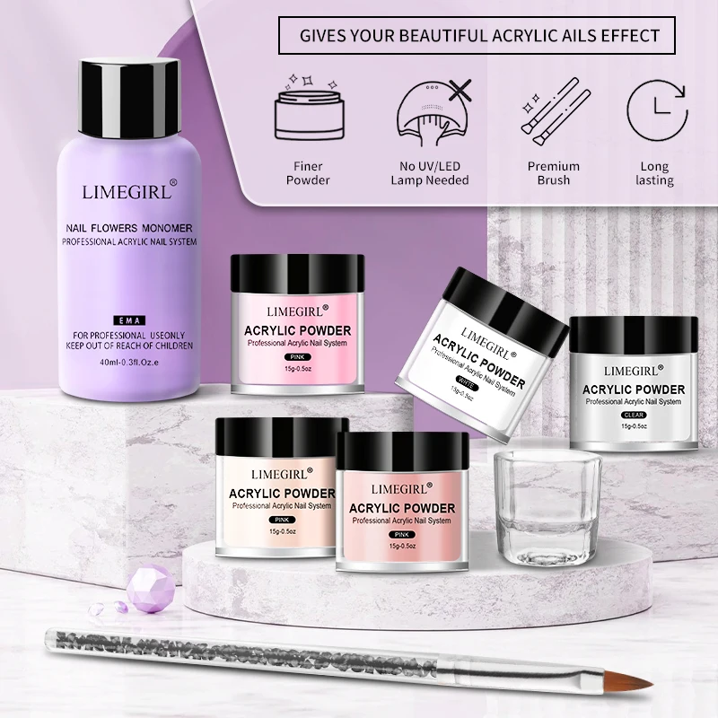 LIMEGIRLアクリルネイルセット クリアホワイトピンクアクリルパウダーとリキッドキット アクリルネイルブラシ付きアクリルセット ホームアートDIY用