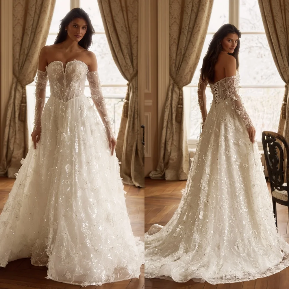 

Customized Exquisite White Organza Wedding Dress Temperament Strapless Bridal Party High Quality Lace Up Back Vestido De Novia