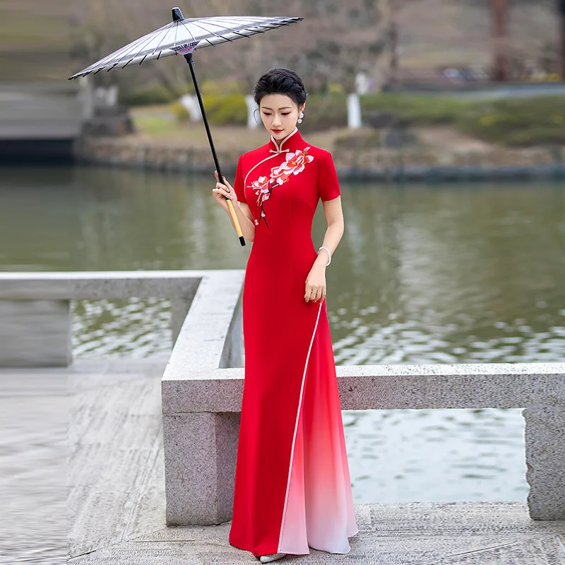 Gradient Improved Performance Long Aodai Applique Cheongsam Retro Slimming Fashion High Slit Dress Elegant Qipao