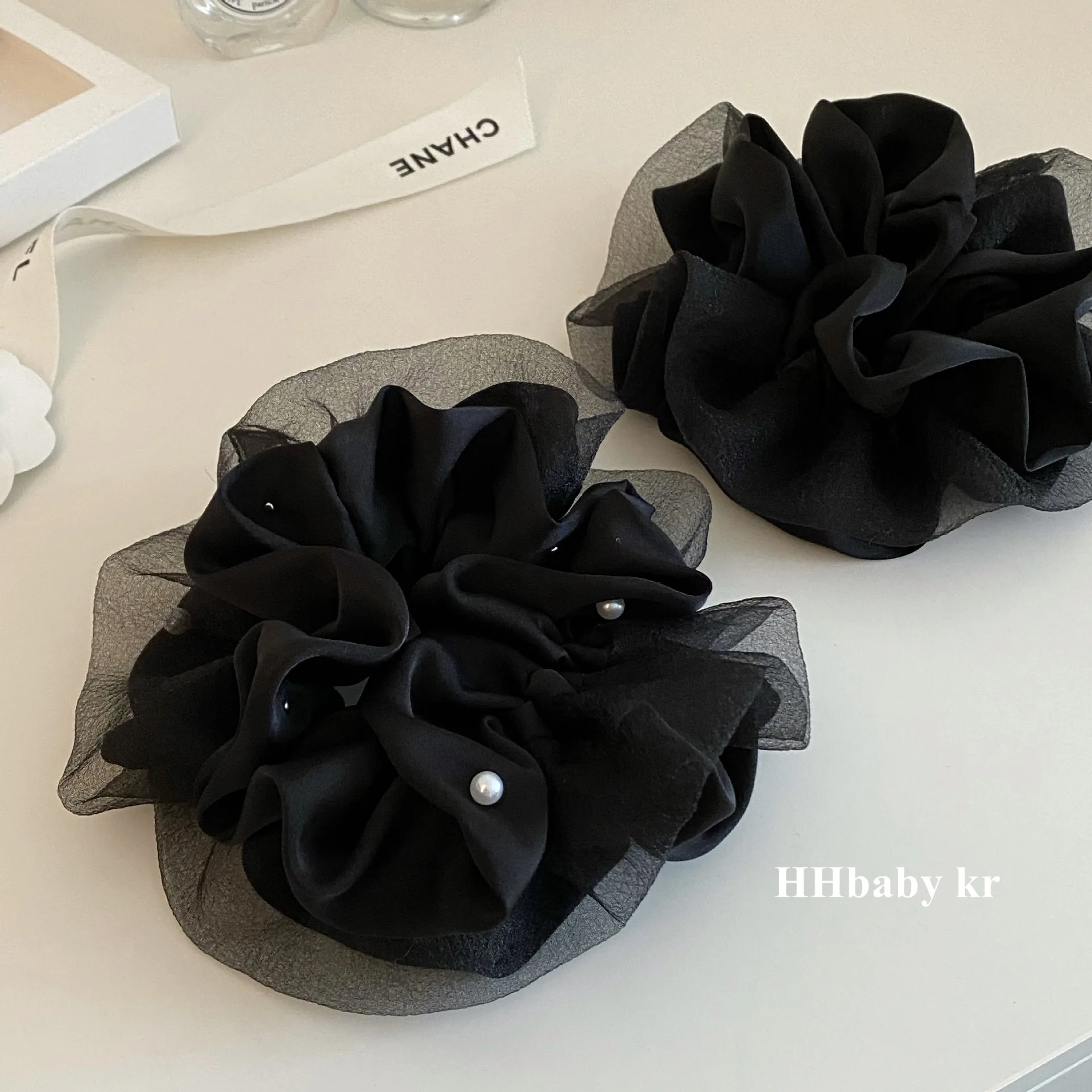 Premium Large Mesh Scrunchie with Pearl Beads Korean Style Elegant Elastic Ponytail Holder for Women Daily Use  Accessories