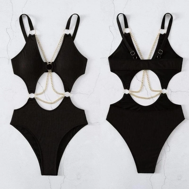 Ladies Cutout Swimsuit Women High Cut Bathing Suit Female Ring Linked-Swimwear
