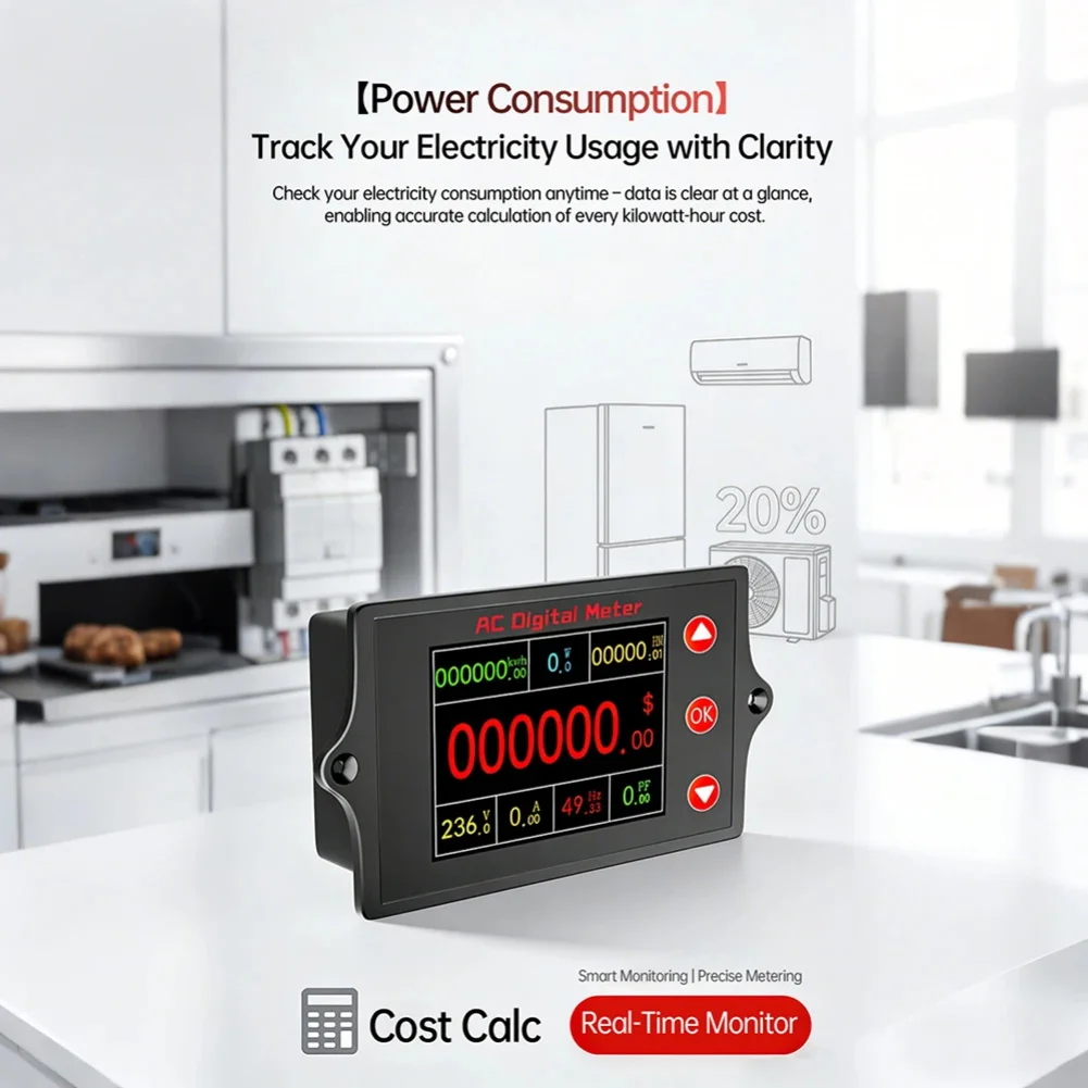 Digital Power Meter AC 80-260V with Voltage Current Power Energy Tracking and Four UI Options on TFT LCD Screen