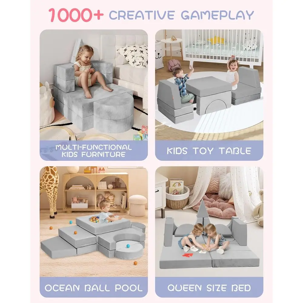 Conjunto de sofá infantil modular de 15 peças, sofá infantil para sala de jogos, sofá conversível para crianças, cinza