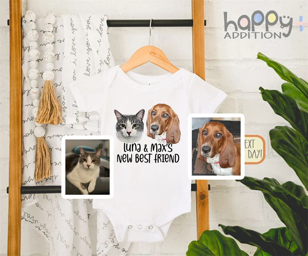 Custom Baby Bodysuit with Pet Portrait, Newborn Announcement, Dog-Themed Baby Shower Gift, My New Best Friend Sibling Bodysuit,