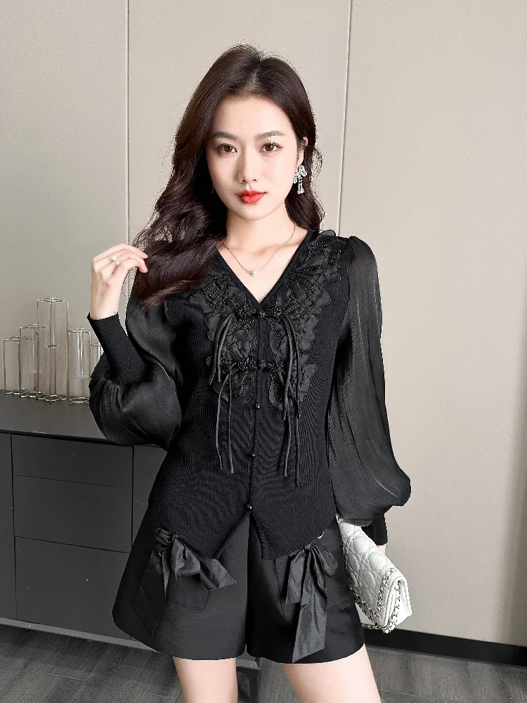 Chinese style light luxury fashion slim fit chiffon pullover 2024 new elegant office worker V-Neck women's clothing