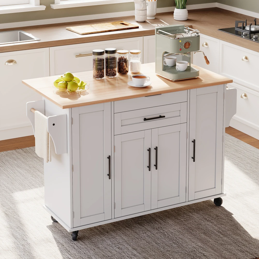 Îlot de cuisine mobile 120×45 cm avec plan de travail extensible jusqu'à 70 cm, tiroir à couverts dissimulé, insert réglable, étagère à épices, porte-serviettes pour cuisine, salle à manger, salon