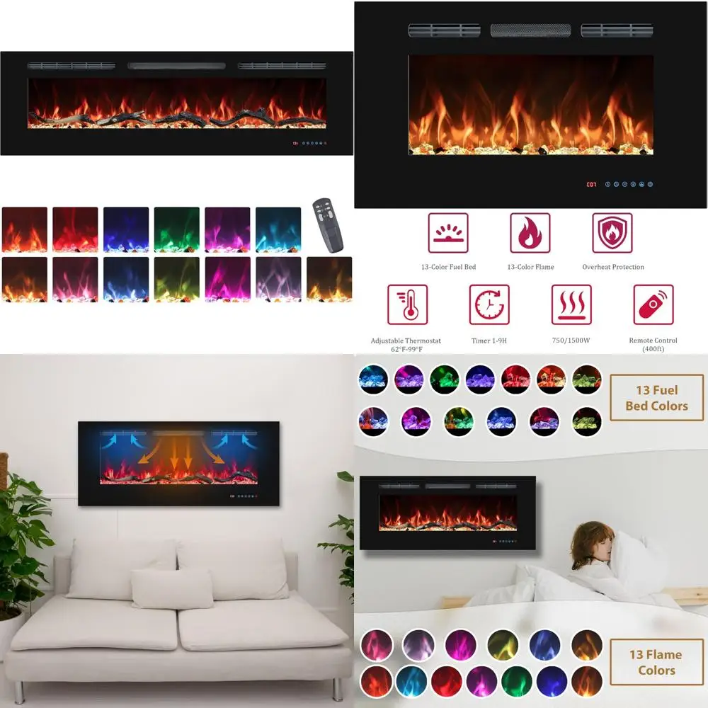 

50 Electric Fireplace Insert, Recessed & Wall-Mounted Heater with Thermostat, Multicolor Flame, Timer, Log & Crystal