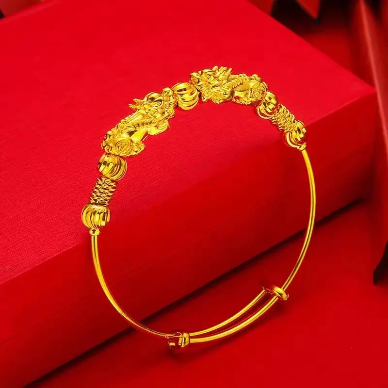 

Simple Smooth 999 Gold Color Bangles for Women Double Xiupi Push Pull Bracelet Wedding Transfer Bead Bangle Jewelry Gifts