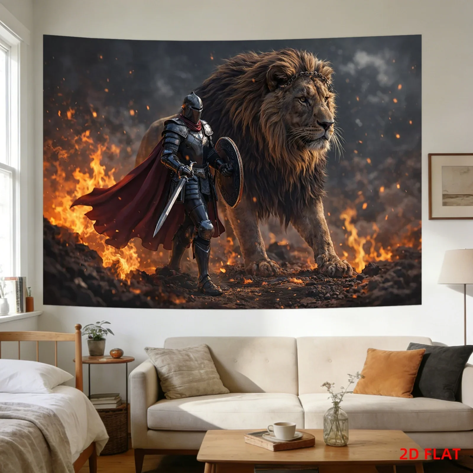 Knight and Lion Tapestry Fire Armor Wall Art Living Room Meditation Office Party Decor Courage Symbol