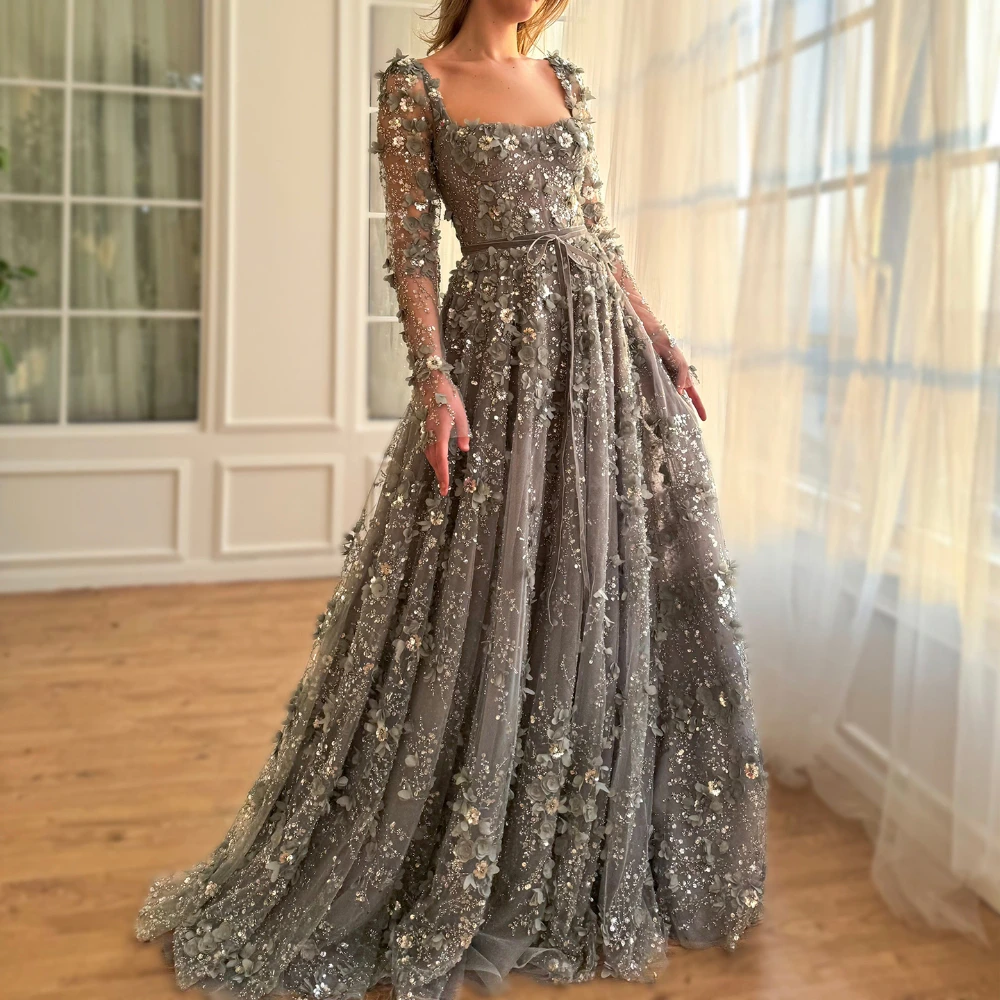 Luxury 3D Flower Evening Dresses Fashion Square Collar Long Sleeves Sequined A-Line Party Gowns Chic Floor Length Prom Dresses