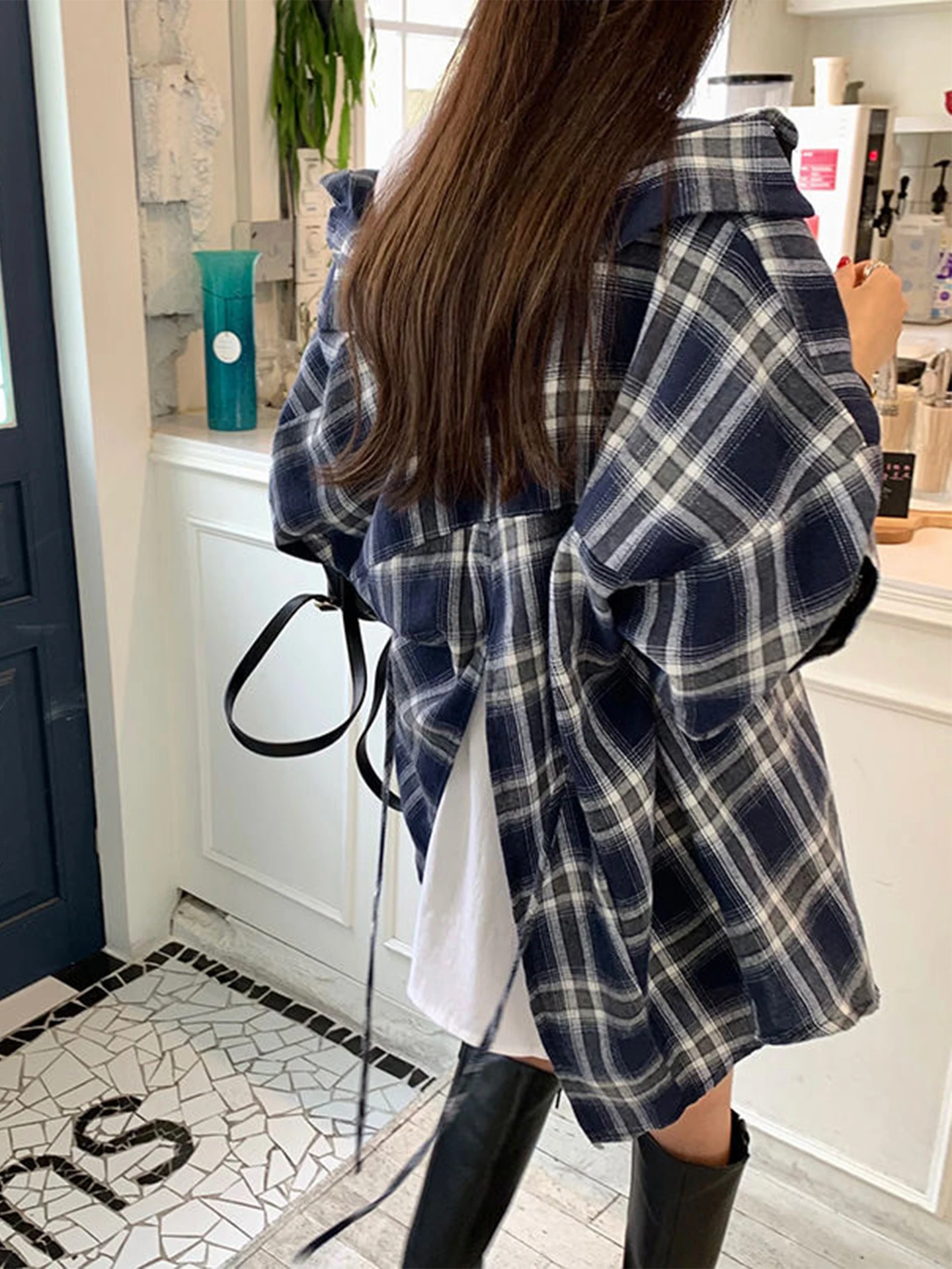 Loose Women's Plaid Long Sleeve Shirt Korean Style Retro Grid Back Split Tie Dye Cotton Polyester Autumn Outerwear Top