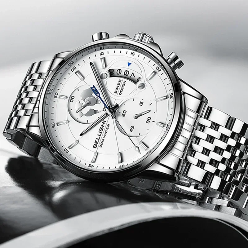 

BELUSHI Luxury Style Mens Watches Steel Date Quartz Clock Sport Chronograph Men Watch Brand Luminous Waterproof Wristwatches