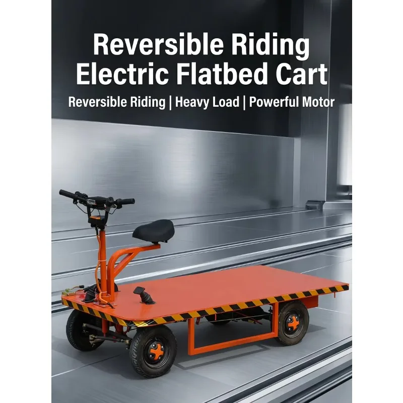 1200W Electric 4 Wheel Flatbed Cart Reversible Riding Warehouse Trolley 750kg Capacity Industrial Platform Truck