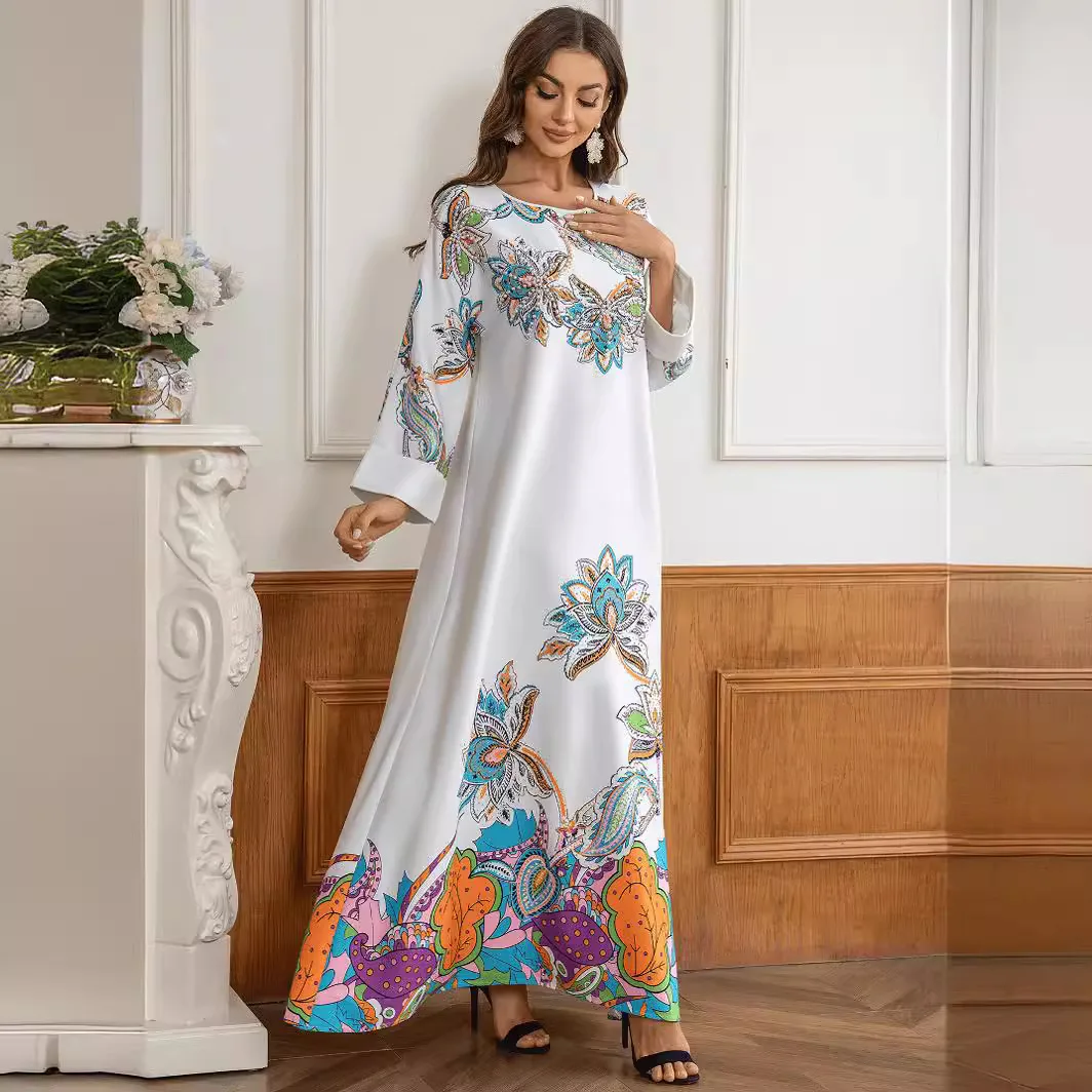 Muslim White Dress 2024 Summer Heavy Craftsmanship Hot Diamond Shiny Fashion Commute Casual Elegant Jalabia Women's Robe