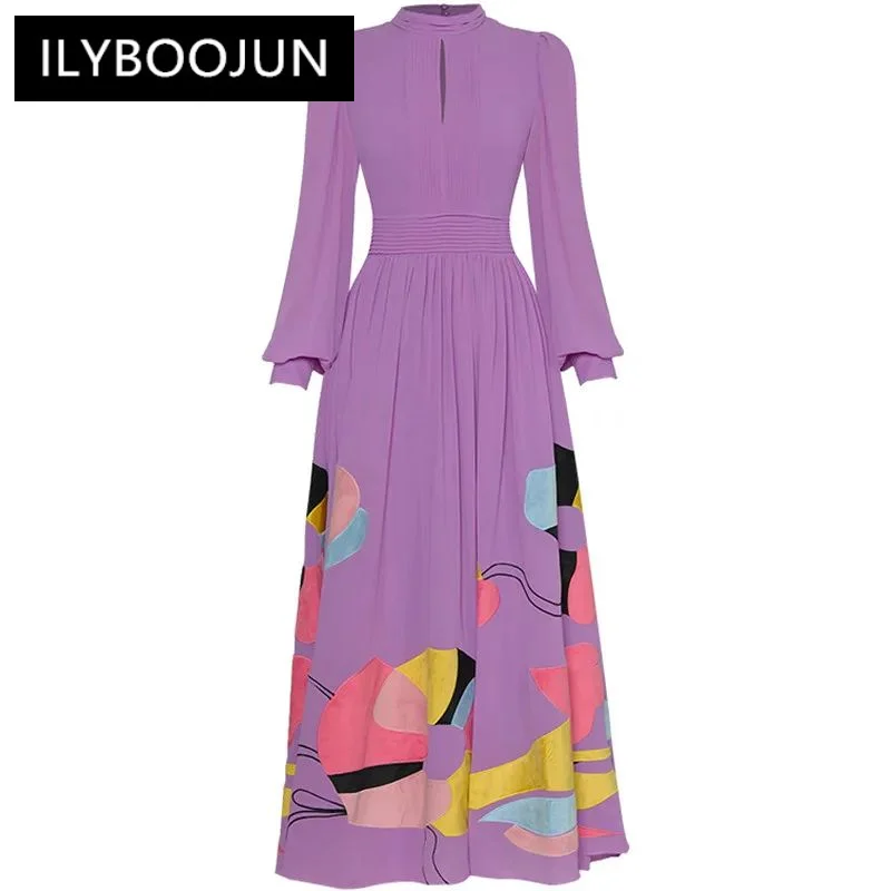 

ILYBOOJUN Fashion Designer Violet Elegant Party Dress Women's Lantern Sleeve Embroidery Pleated High Waist Slim Long Dress