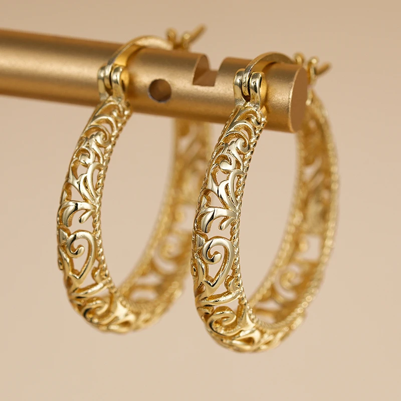 Huitan Exquisite Hollow Pattern Hoop Earrings for Women Opulent Vintage Engagement Jewelry Modern Elegant Party Ear Accessories