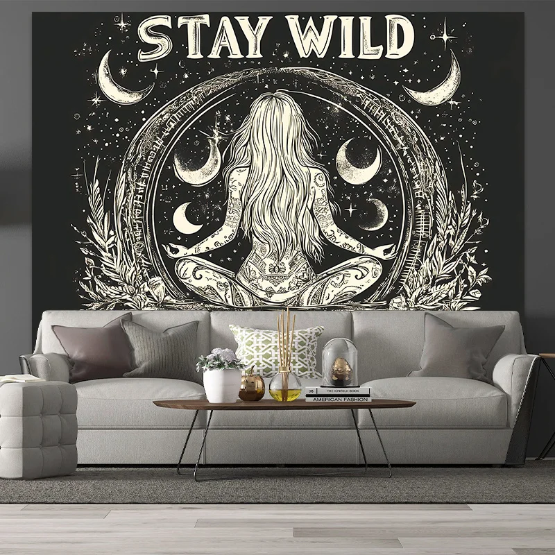 VIKAMA Stay Wild Moon Child Tapestry Dark Forest Astrology Wall Hanging for Bedroom Yoga Studio Homestay Decor