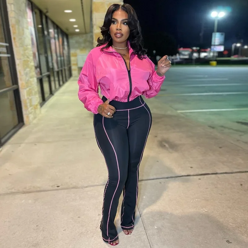 レディースファッション セットアップ カジュアル ツーピースセット 光沢のある長袖ジッパーポケットジャケットトップ＋スキニーフレアパンツ ストリートウェアスーツ